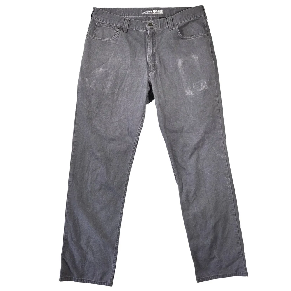 Carhartt Mens 36x34 Relaxed Fit Gray Canvas Work Pants Outdoors Utility Pocket
